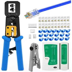 RJ45 Crimp Tool Kit Pass Through, Cat5 Cat5e Cat6 RJ45 Ethernet Crimping Tool with 20 count Cat6 1.1mm Pass Through Connectors, 20 count Covers,  Tester, Wire Stripper
