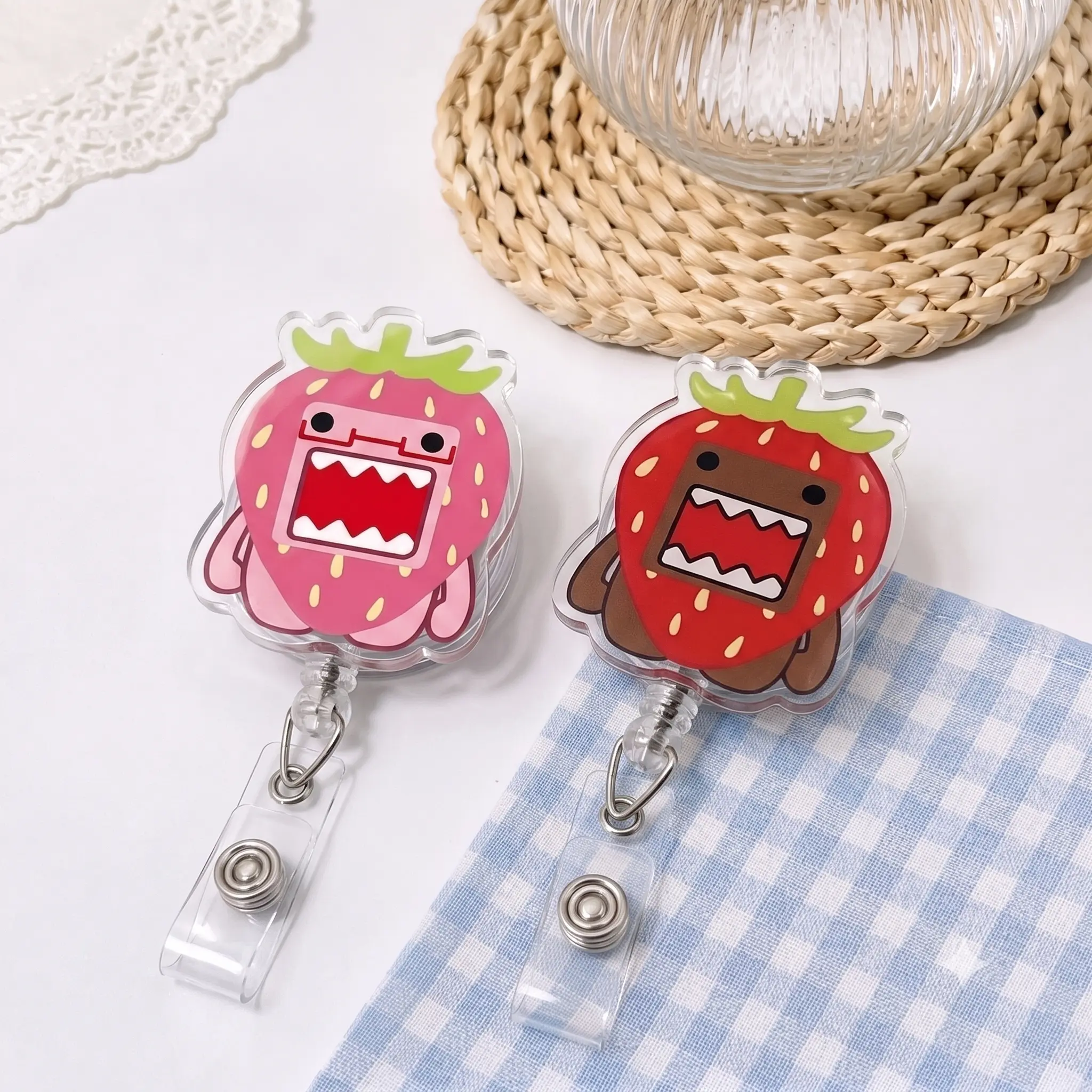 Funny Strawberry Creature Badge Reel, Colorful Fruit Monster Retractable ID Card Holder, Cute Acrylic Badge Clip for Nurses, Teachers, Medical Staff and Students
