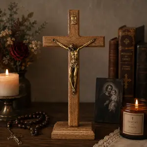 Standing Wooden Crucifix with Antique Gold Corpus | Catholic Cross Decor | Wall or Tabletop Crucifix