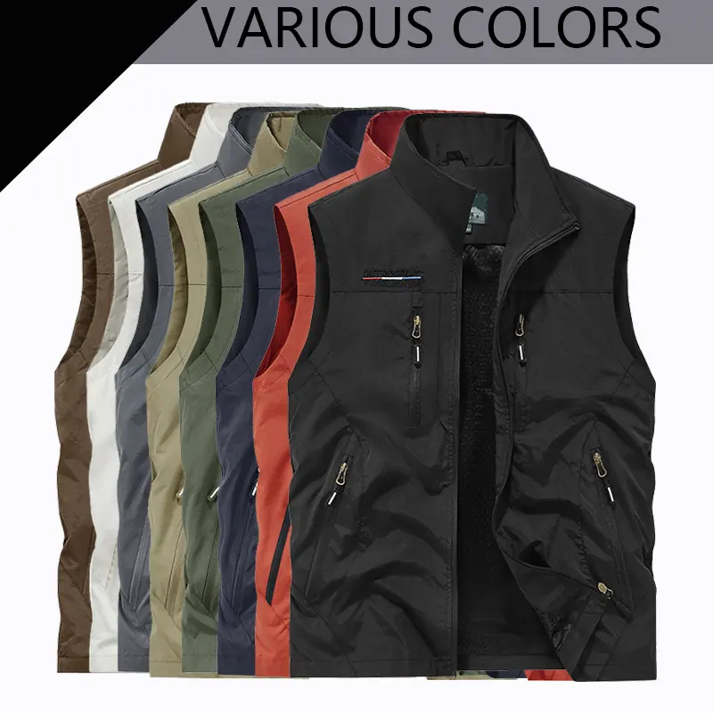 Outdoor photography vest men's autumn and winter new multi pocket loose plus size workwear vest for middle-aged and young people workwear casual jacket breathable stand collar fishing photography sleeveless jacket
