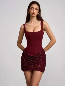 [NEW] Azazie Yeona Square Neck Lace-Up Embellished Tulle Cowl Overlay Corset Mini Dress