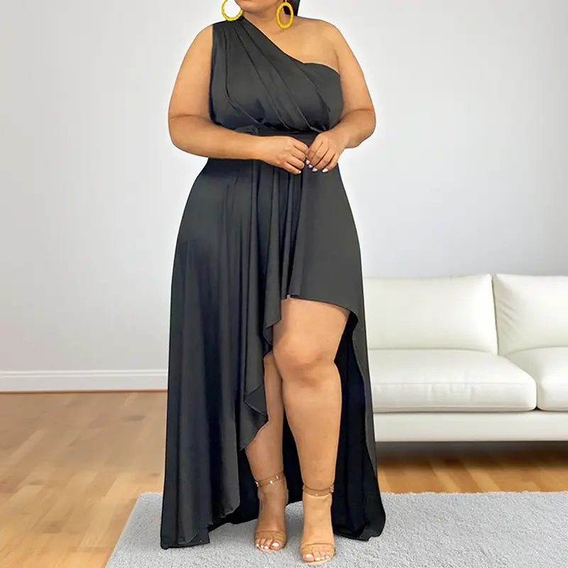 Echoine Elegant One-Shoulder Maxi Dress Plus Size Women's Sleeveless Ruched Bust High-Low Hem Flowy Asymmetrical Formal Cocktail Party Dress Black Wine Elastic Fit 95% Polyester 5% Spandex Breathable Chic Elegance Style Womenswear