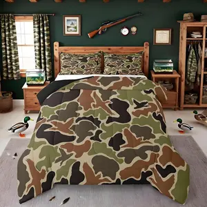 Feelyou Duck Hunter Green Camouflage Queen Comforter Set - Black Brown Camo Army Microfiber Bedding, Soft Breathable Wild Duvet, Decorative Bedding, Bedroom Gift, Decorative Bedding Set