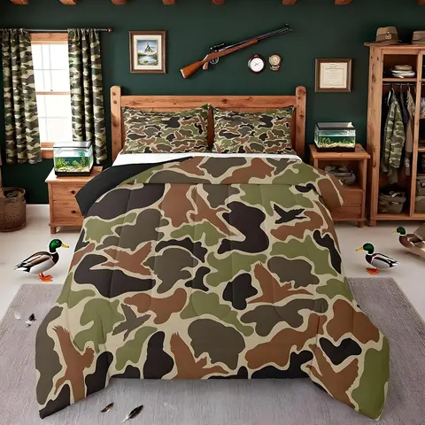 Feelyou Duck Hunter Green Camouflage Queen Comforter Set - Black Brown Camo Army Microfiber Bedding, Soft Breathable All Over Print Duvet, Bed Cover Set, Low-Heat Dryable Bedroom Decor, Back to School Gift