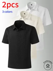 2-pack men’s short-sleeve polo shirts, minimalist casual tops, polo shirt set, diamond embossing craftsmanship, basic solid color design, lightweight breathable fabric, loose fit that flatters all body types, comfortable wrinkle-resistant material.