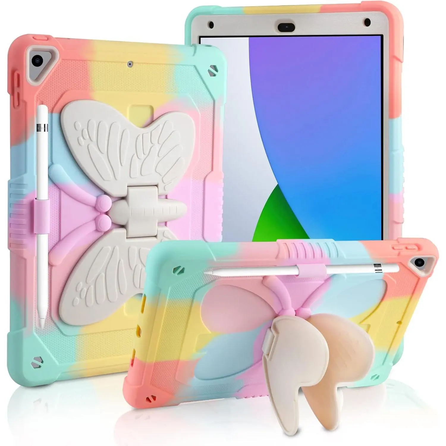 for iPad 9th 8th 7th Generation Case with Kickstand Butterfly Wings Pencil Holder for iPad 10.2 Case Heavy Duty Hard Rugged Protective Cover  Girls for iPad 9th/8th/7th Gen(2021/2020/2019)