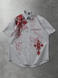 1 Piece Men's Plaid Short Sleeve Shirt, Gothic Cross Print Button Down For Streetwear & Daily Wear