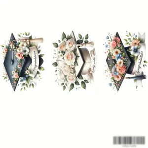 3 Pcs Graduation Cap Flower Iron on Transfers, Congratulations Heat Transfer Stickers, Washer Safe Fashion Paper Decals for DIY T Shirt Jeans Backpack Graduation Party Decorations Casual Personalized Handmade Crafts