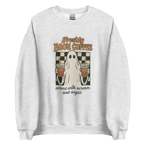 Freshly Boo'd Coffee Halloween Crewneck - Ghost Iced Coffee Sweatshirt Unisex Fit Soft Cotton Blend Embroidered Tops Womenswear Casual Pullover Hoodie