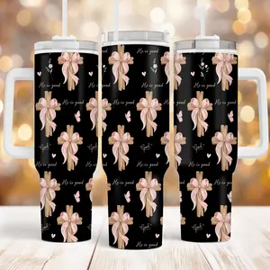 Christian He Is Good 40oz Tumbler, Pink Bow Cross Aesthetic Travel Mug, Faith Based God Is Good Cup, Shabby Chic Floral and Butterfly Design, Cute Heart and Cross Religious Gift