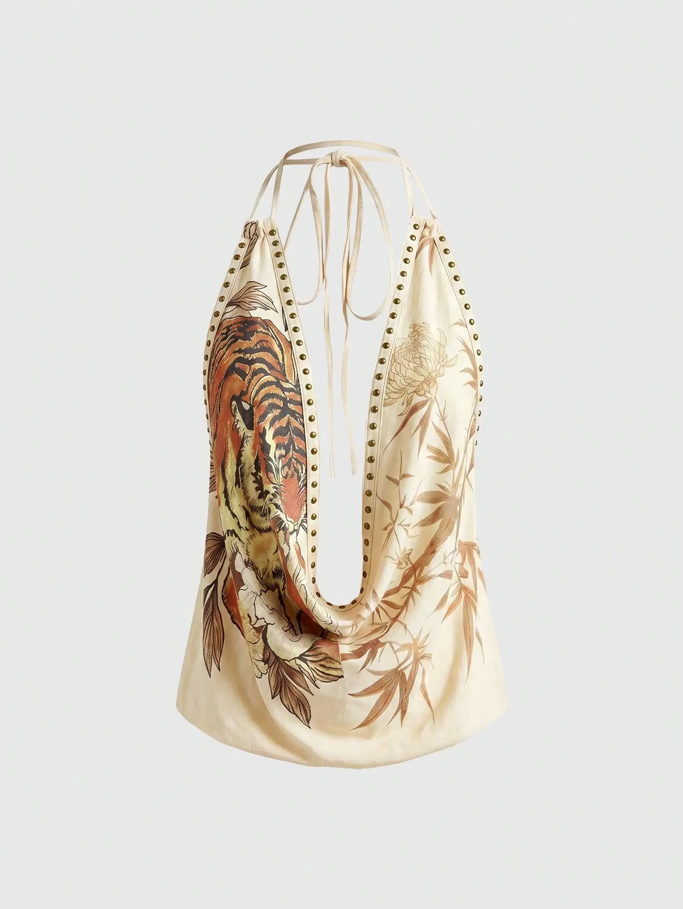 SM&Co. Y2K Vintage Rivet Retro Tiger Head & Geisha Print Rhinestone Sexy Deep Draped Neck Camisole