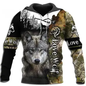 New Wolf Hooded Sweatshirts Men's Clothing Casual With 3D Printed Long Sleeve Pullover Fashion Fleece Jackets Streetwear