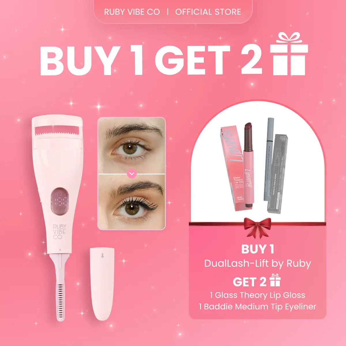 RUBY VIBE CO DualLash-Lift Heated Lash Curler & Defining Wand RVC01 Portable Travel-Friendly Pink Fast Heating Tool