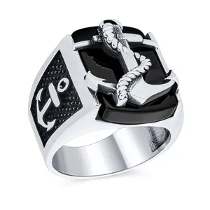 Mens Silver Ring Nautical Black Onyx Gemstone Anchor Signet .925 Sterling Silver