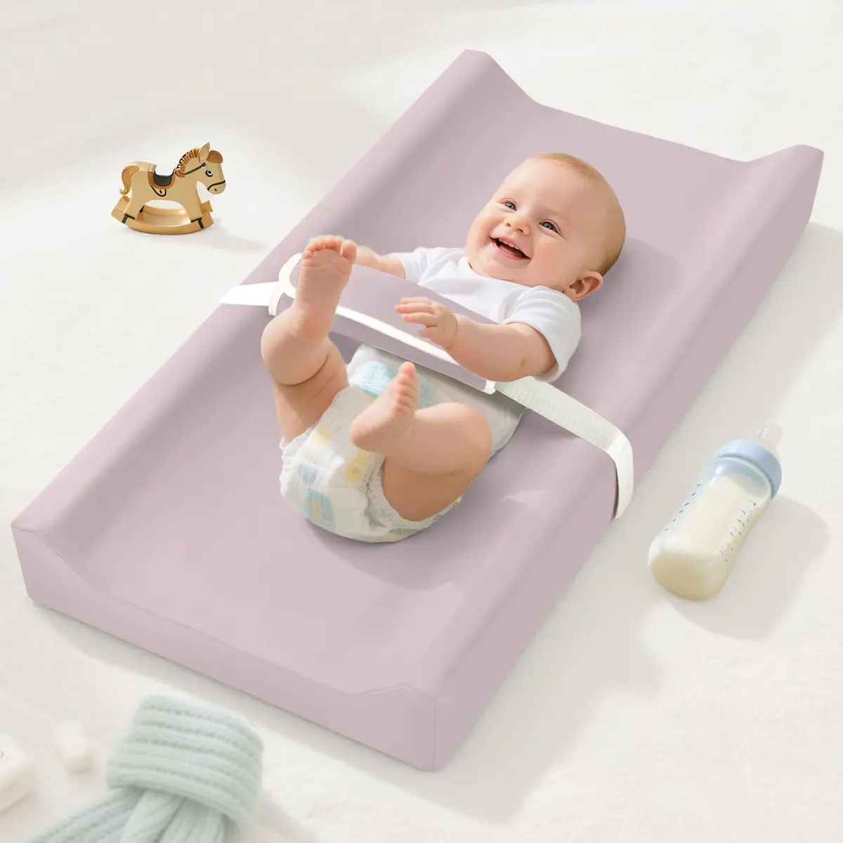Caveen Cozy Infant Contoured Changing Mat - Waterproof PU Cover, Non-Slip Safety Belt, Wipe-Clean Large Cushioned Foam, 2.34 lbs Portable, Newborn 0-1 Years Massage Feature, Dresser Use, Purple, Parent Nursing Convenience