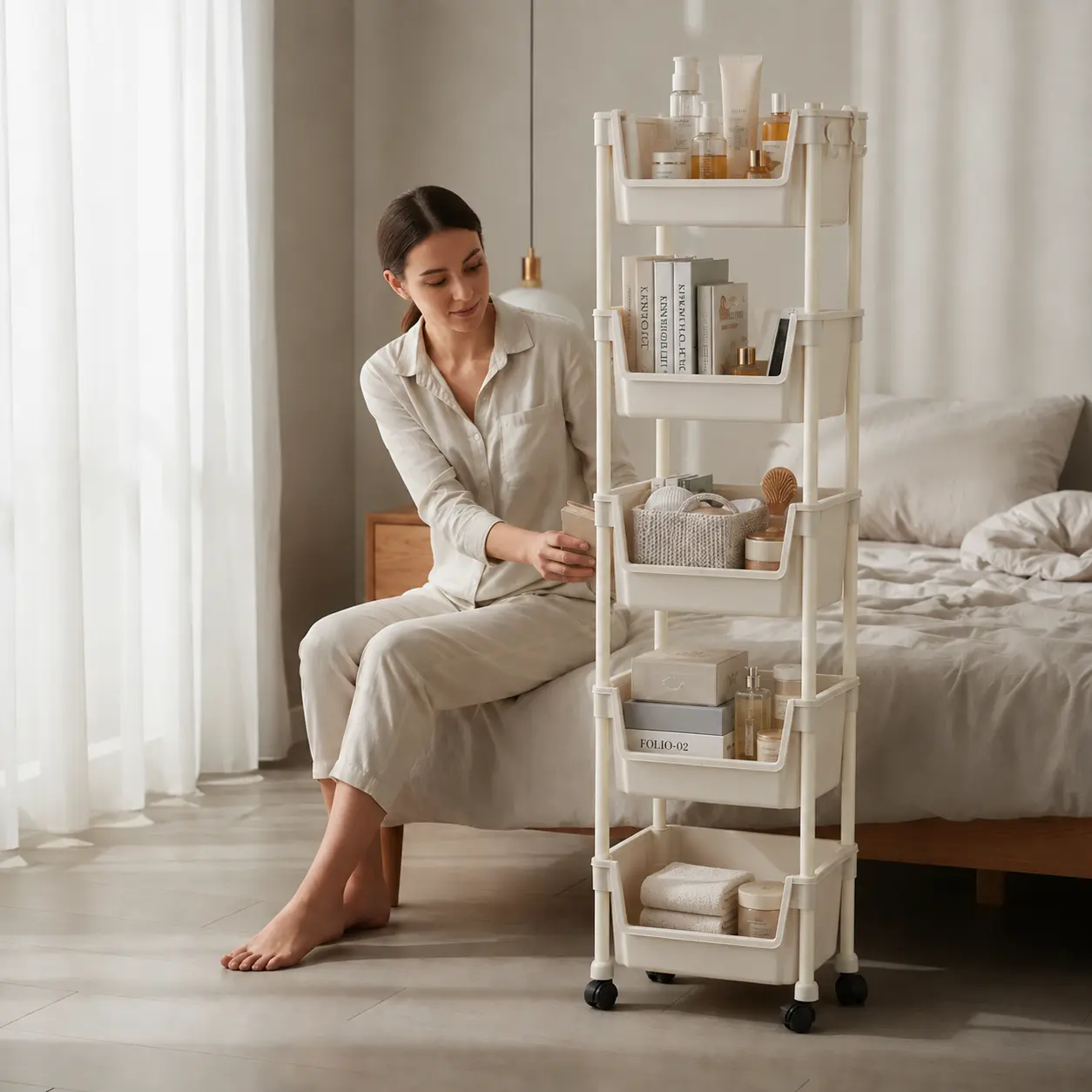 5-Tier Slim Plastic Rolling Storage Cart with 4 Hanging Hooks, Smooth Household Basket Organizer Racks for Narrow Spaces, Kitchen