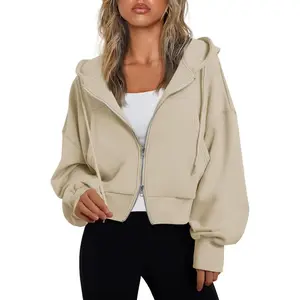 Women's Crop Zip Up Hoodies Casual Long Sleeve Hooded Cropped Sweatshirts with Pocket