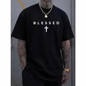 Men'S Casual Crew Neck T-Shirt with Cross & "BLESSED" Letter Print,  cotton Knit Fabric, Regular Fit Short Sleeve Tee for Summer, Comfortable & Versatile Weekend Casual Wear, Everyday Tshirt |       Sleek Black Tee |       Lightweight Fabric
