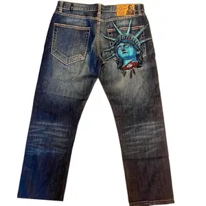 BaggyHighStreetEmbroideryHipHopClassicJeansWashedGothicPatternCasualBaggyWideLegJeansHighWaistedJeans