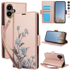 Flower Flip Phone Case Suitable For iPhone 16E 16 15 14 Plus 13 Pro Max, PU Faux Leather Wallet Phone Bag With Wrist Strap Card Slots RFID Blocking Stand Cover, Phone Accessory