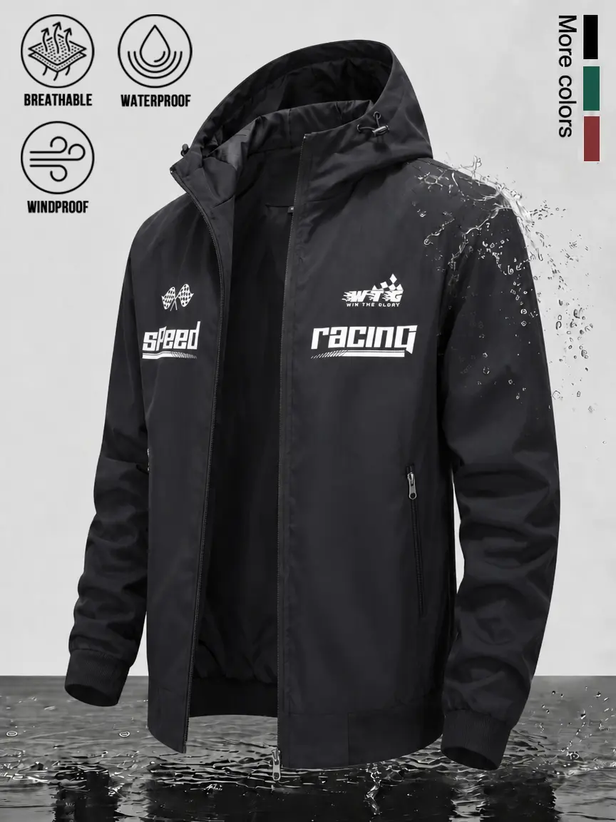 Men's Hooded Functional Outer Jacket, Windproof Waterproof Breathable Fabric, Adjustable Toggle‑Lock Hood, Ribbed Cuffs & Hem, Zipper Side Pockets Outerwear for Motorcycle Riding and Daily City Commute