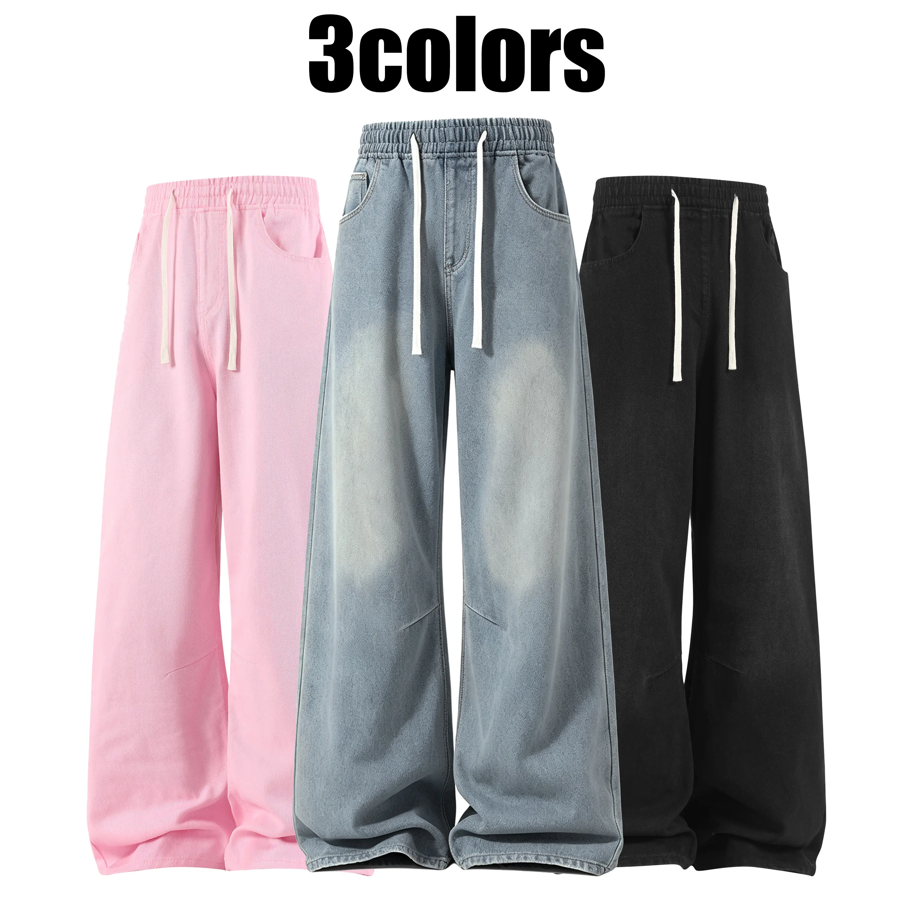 Men’s drawstring elastic-waist wide-leg jeans, vintage washed loose denim long pants, street casual trousers
