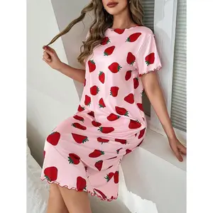 Allover Strawberry Print Lettuce Trim Round Neck Short Sleeve Sleep Nightgown, Moo Moo Fabric Loungewear