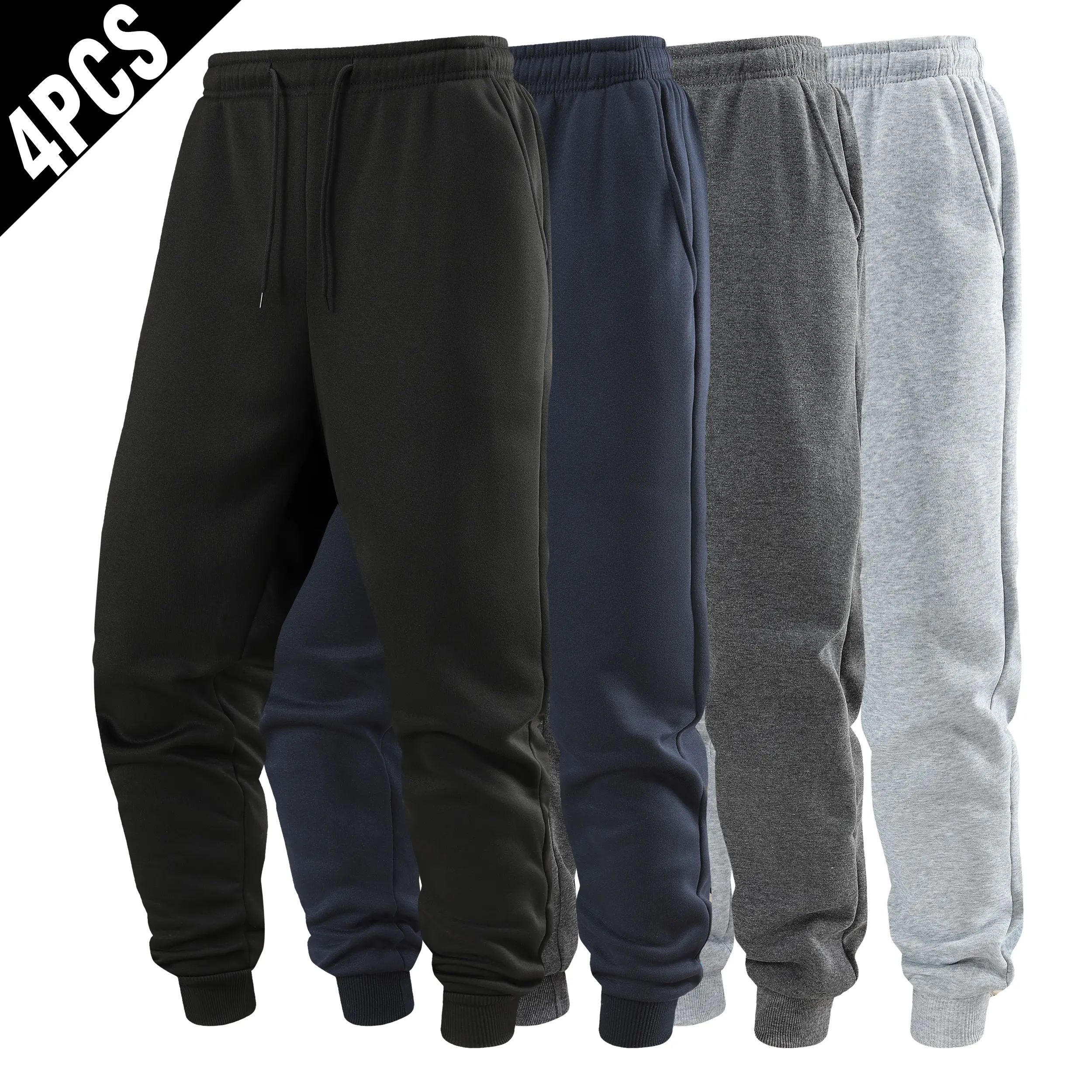 4 Pack Men Solid Basic Cuffed Sweat Joggers, Elastic Waist Drawstring Loose Fit Lightweight Casual Athletic Jogger Pants Multipack