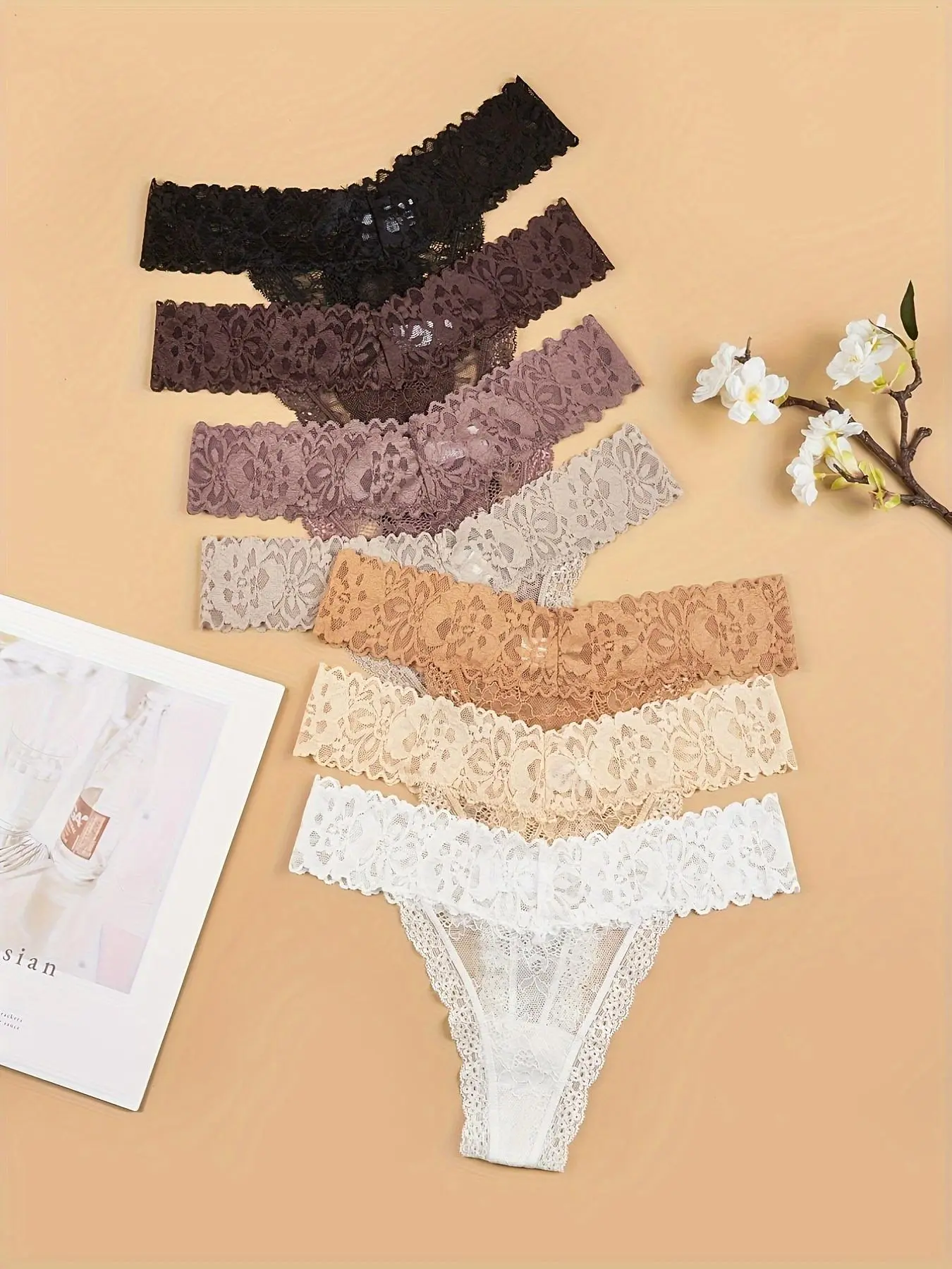 Women's 7pcs Contrast Lace Floral Sheer Nylon Thong, Soft Comfy Breathable Fit Everyday Contrast Mesh Knicker for Daily Wear, Fashion Feminine Underwear Panties for All Seasons Fitted Panty Fitted Knickers
