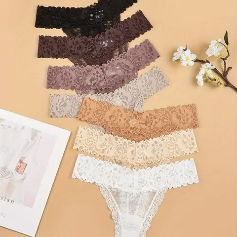 Women's 7pcs Contrast Lace Floral Sheer Nylon Thong, Soft Comfy Breathable Fit Everyday Contrast Mesh Knicker for Daily Wear, Fashion Feminine Underwear Panties for All Seasons Fitted Panty Fitted Knickers