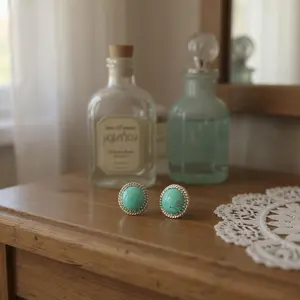 Handcrafted Native American Genuine Turquoise and Sterling Silver Stud Earrings