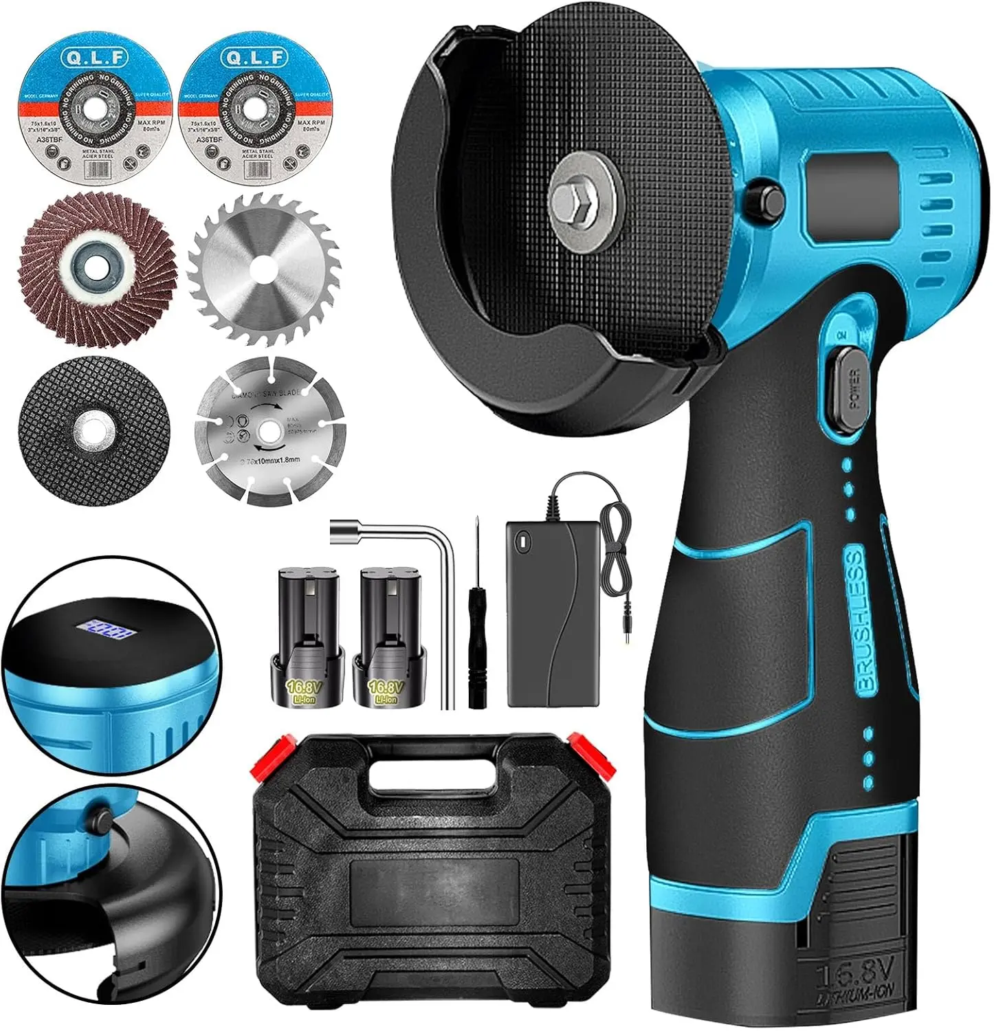 Brushless Cordless Angle  Kit, 19500rpm Mini Electric Angle Grinding Tool with 2x16.8V 2000mAh  and 6- Discs,  Handheld  for Metal