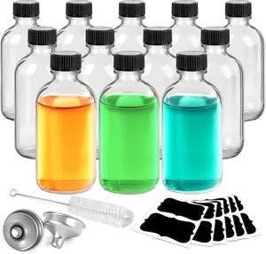 12 Pack 2oz Boston Round Glass Bottles with Funnels-Leakproof Glass Bottles with Lids for Storing Experimental Samples Preparations or Powders