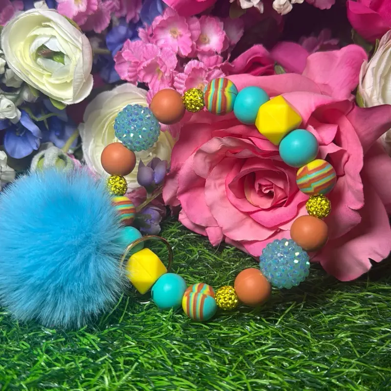 Tropical wristlet keychain color scheme turquoise, yellow, burnt orange and  bling beads made with wire