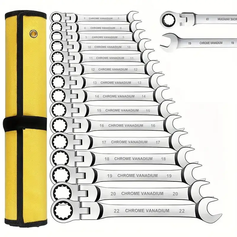 Chrome Vanadium Ratchet Wrench Set, Adjustable Flex Head & Dual-Ended Design Socket Key Tool Kit for Car Repair/Machinery/Home DIY, 360° Swivel Hand T