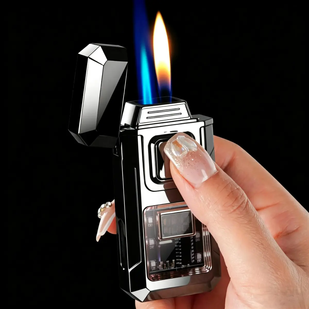 7.9cm Multifunctional Dual Flame Windproof Lighter - 4-Mode Voice-Activated, Arc-Assisted Ignition, Blow Knock Button Start, LED Display Colorful Light, Premium Metal EDC Gear, Unique Gifts for Man, Outdoor Camping Accessory (Fuel NOT Included)
