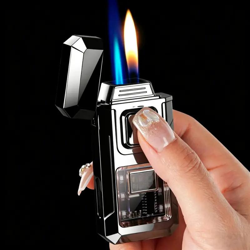7.9cm Multifunctional Dual Flame Windproof Lighter - 4-Mode Voice-Activated, Arc-Assisted Ignition, Blow Knock Button Start, LED Display Colorful Light, Premium Metal EDC Gear, Unique Gifts for Man, Outdoor Camping Accessory (Fuel NOT Included)