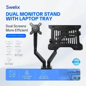 DUAL MONITOR STAND WITH LAPTOP TRAY—Gas Spring Arm for 32", 19.8lbs Max, C-Clamp or Grommet, Gaming & Home Office