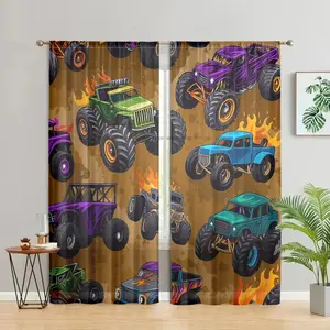 1 set of 2 pieces, colorful cartoon truck racing printed curtains, semi transparent polyester fiber, pole pocket style, suitable for living rooms, bedrooms, study rooms, kitchens, home decoration curtains, anti privacy, easy to clean.