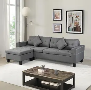 Modern L-Shape Sectional Sofa Set for Living Room with Chaise Lounge, Cup Holder, Left or Right Hand Chaise, 4-Seat Upholstered Couch, Faux Linen Grey, Family Room Furniture, Living Room Furniture for Apartment, Lounge, Family Room