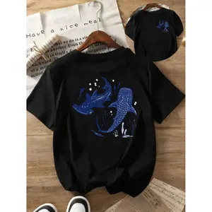 Casual Ocean Ecosystem Graphic Short Sleeve Top Featuring Great White Shark Print with Round Neck for Women