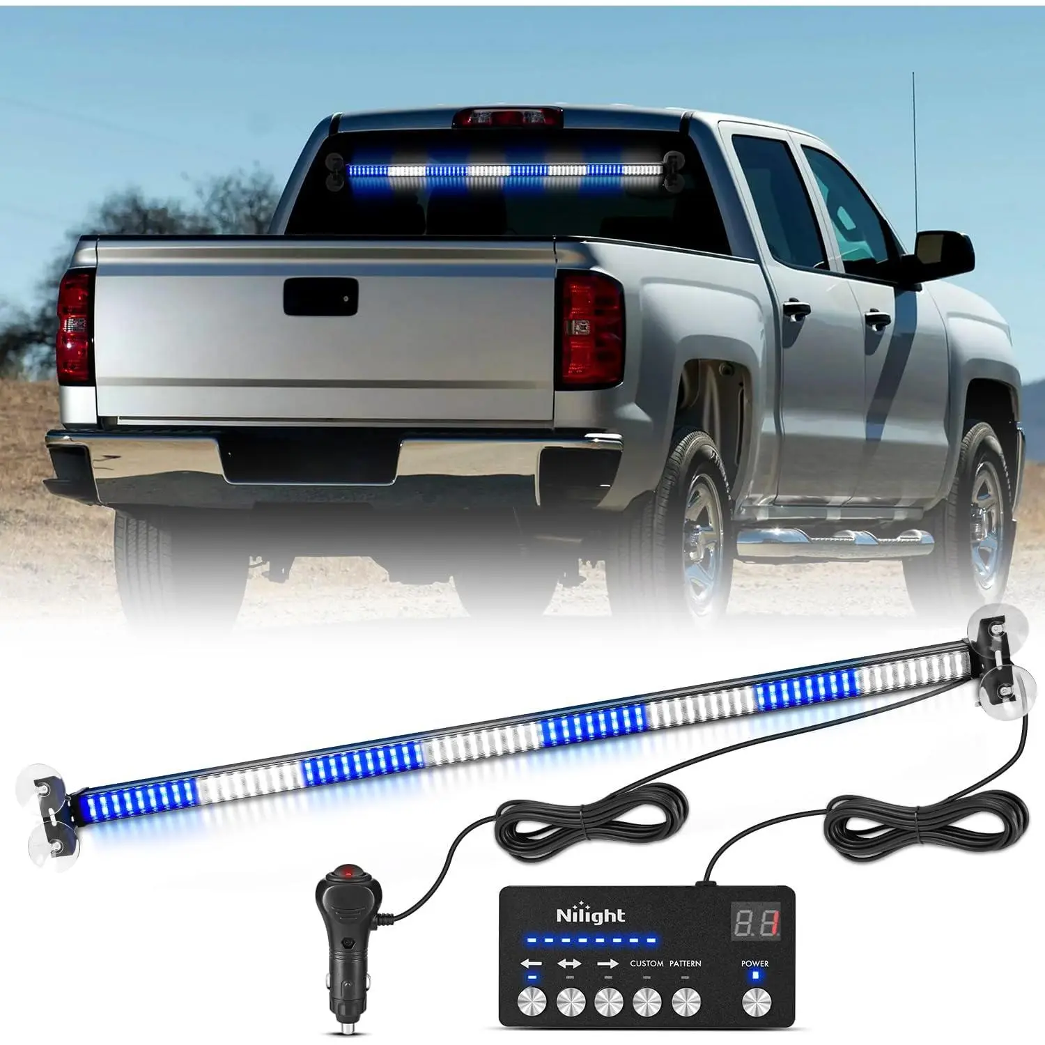 Nilight 144-LED Aluminum Traffic Light Bar - Blue Strobe Lights with Controller, 12.4ft Cable, 12V-24V Compatibility, 36 Lighting Modes, Suction Tool-Free Mount, Visibility Boost for Plow Trucks