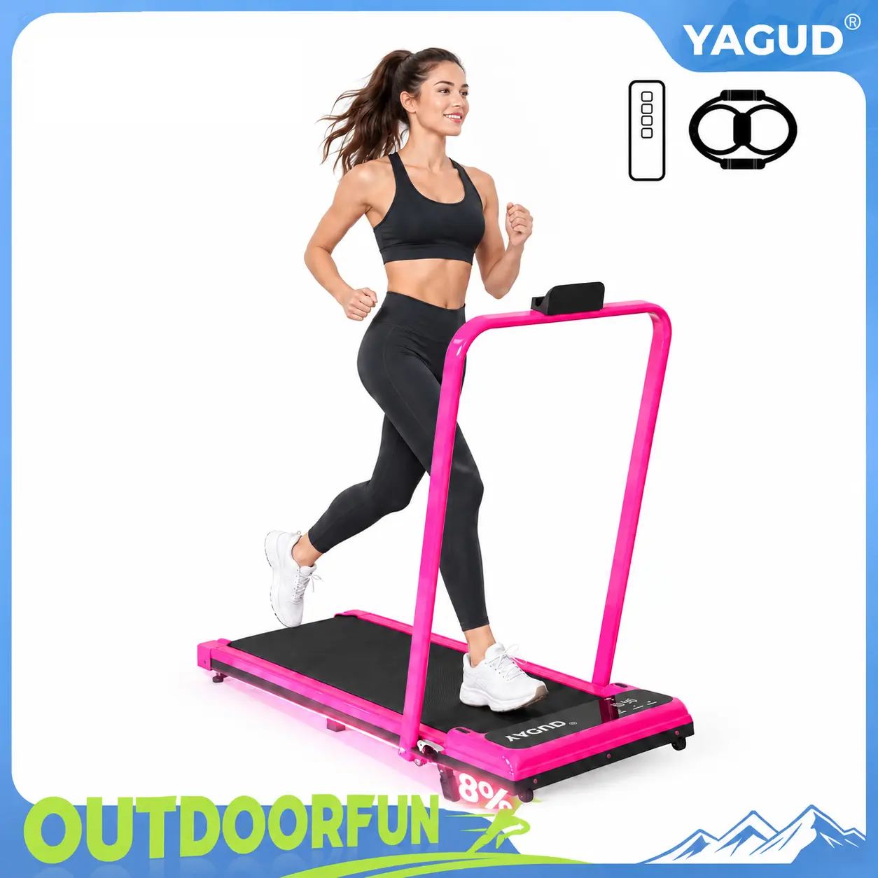 【OUTDOORFUN】YAGUD Walking Pad with Adjustable Incline, 330 lbs Capacity, Quiet Under Desk Treadmill with Remote Control, Portable Home Fitness Equipment