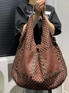 Ladies' fashionable casual sports tote bag with spliced large capacity commuting shoulder crossbody bag