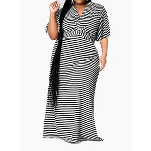 Plus Size Striped Maxi Dress Plus Size Striped Print Maxi Dress - Casual Short Sleeve V Neck Dress for Spring & Summer - Women's  Fabric Polyester