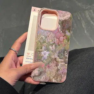 1 piece faux leather texture pink phone case with full screen light flower pattern, stain-resistant, high-end phone case for iPhone series.