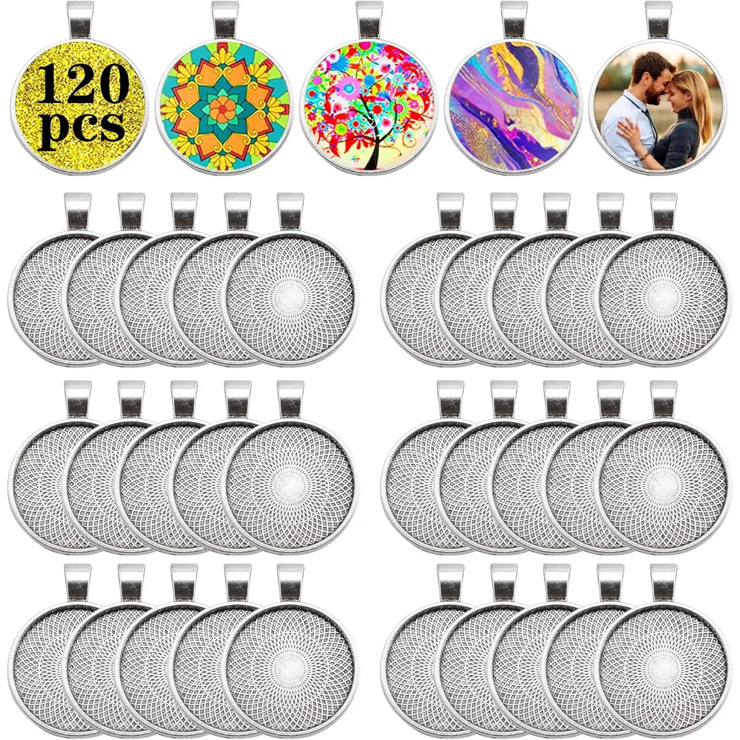 120 count Pendant Trays, Alloy Tray Charms Bulk, Round Pendant Blank, Bezel Trays for Homemade Necklaces,  Making, DIY Crafts,  Art and  Pour