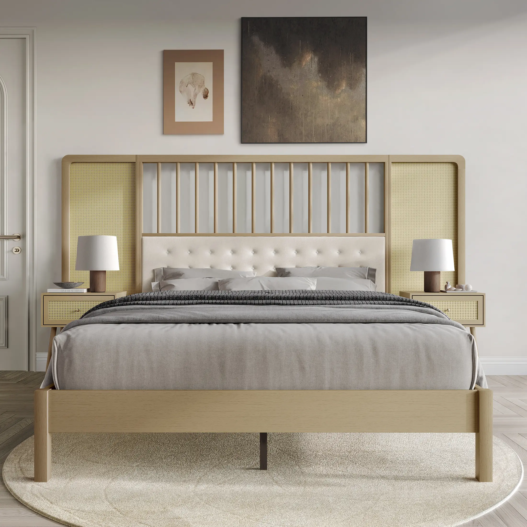 Camari Cane King Bedroom Set - Wall Bed, 2 Nightstands - Modern, Durable Design with Natural Cane Texture, Natural Texture - Sleek Minimalist Aesthetic, Assembly Required, Fire Safety Label
