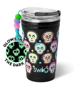 Swiglife Sugar Skulls Glow in the Dark Party Tumbler 24oz Stainless Steel Double-Wall Vacuum-Sealed Portable Drinkware Flasks with Silicone Coaster Base