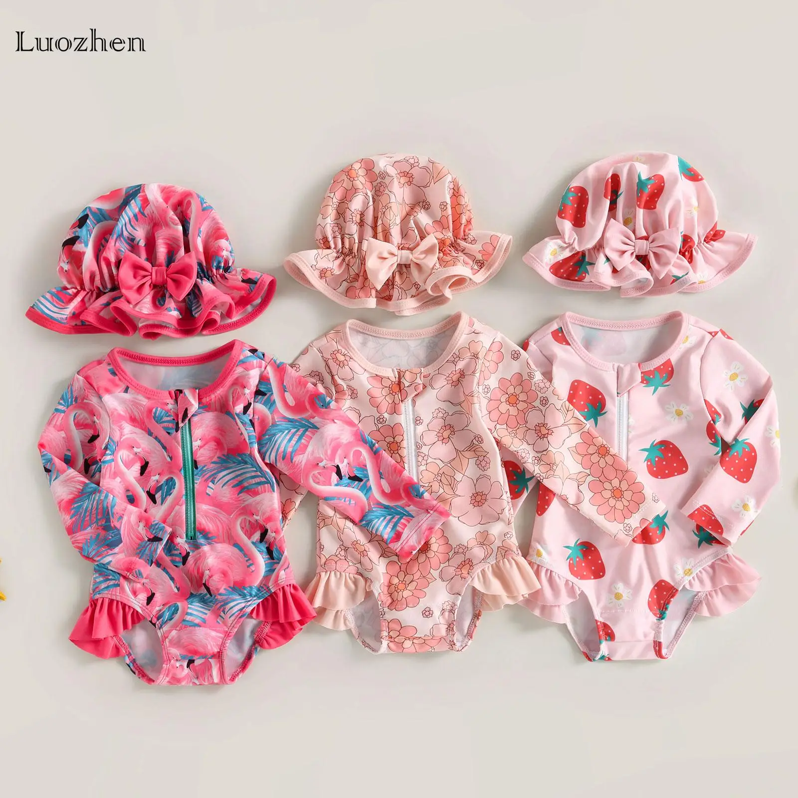Girls Infant Baby Sun Protection Swimsuit, Long Sleeve Strawberry Print Cute Swimsuit + Sun Hat Swimmingoutfit Swimoutfit